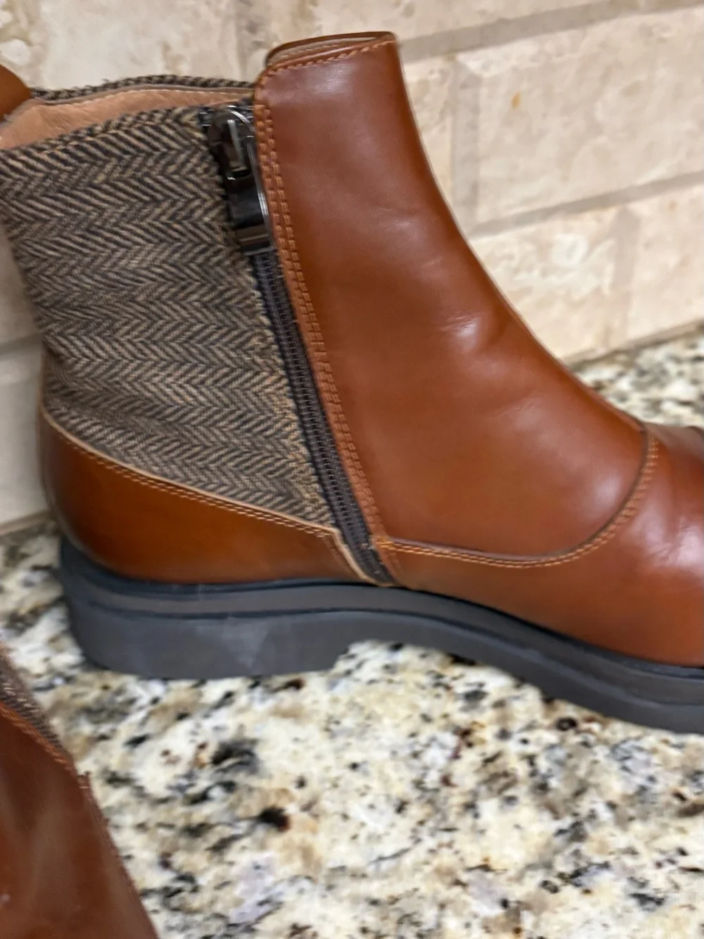 Men's Leather Ankle Boots in Cognac with Herringbone Panel